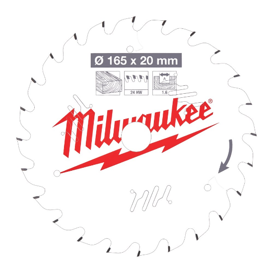 Afbeeldingen van MILWAUKEE Cirkelzaagblad P W hout 165X20X1,6MM Thin Kerf ATB 24T +15°