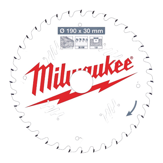 Afbeeldingen van MILWAUKEE Cirkelzaagblad P W hout 190X30X1,6MM Thin Kerf ATB 36T +15°