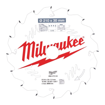 Afbeeldingen van MILWAUKEE Cirkelzaagblad P W hout 210X30X2,4MM Thin Kerf ATB 16T +15°(MS)