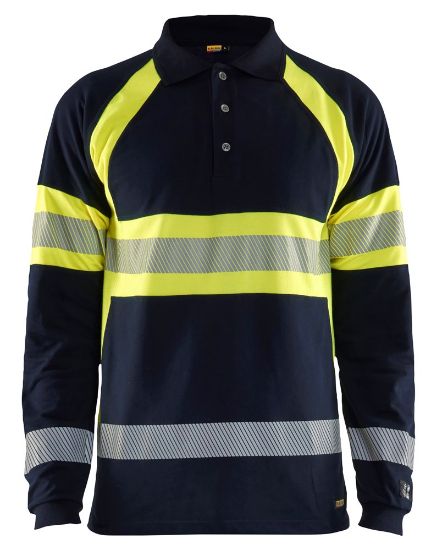 Afbeeldingen van BLÅKLÄDER Polo Multinorm piqué met lange mouwen 3438 marineblauw/High Vis geel 4XL