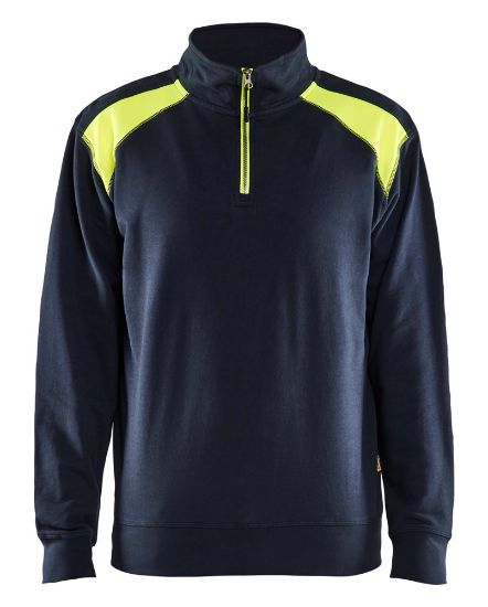 Afbeeldingen van BLÅKLÄDER Sweater bi-colour met halve rits 3353 donker marineblauw/High Vis geel S