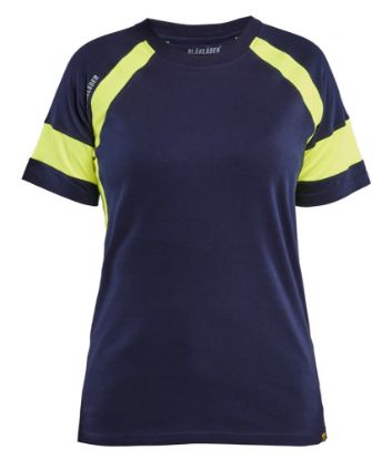 Afbeeldingen van BLÅKLÄDER T-shirt dames Visible 3524 marineblauw/High Vis geel 2XL