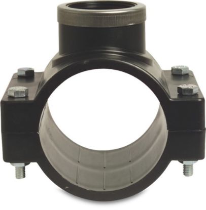 Afbeeldingen van VDL Aanboorzadel PP zwart met RVS ring 160MMX2.½" klem/binnendraad 6bar