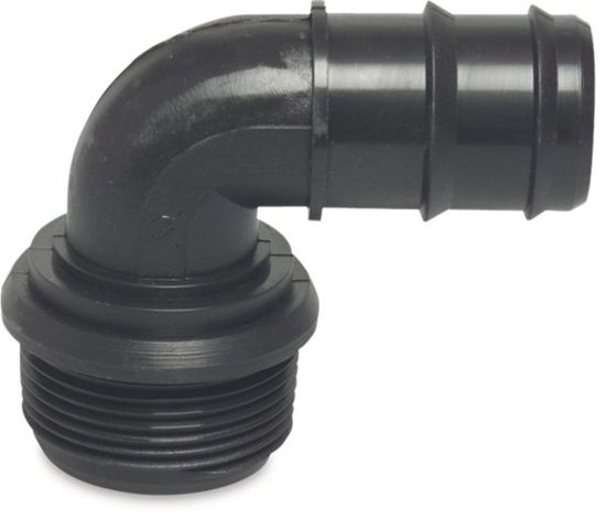 Afbeeldingen van Knie 90° PP zwart 1"X25MM buitendraad/barbed 4bar
