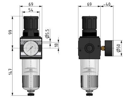 Afbeeldingen van Drukregelaar G½" 5µ 10bar met mano 50MM BG3