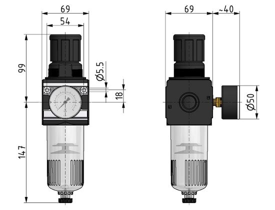 Afbeeldingen van Drukregelaar G½" 5µ 10bar met mano 50MM BG3