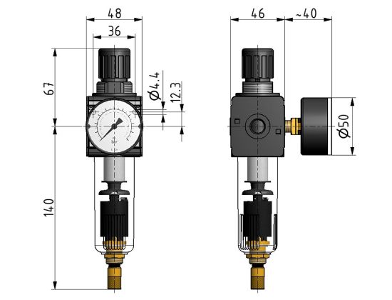 Afbeeldingen van Drukregelaar G¼" 5µ 10bar met mano 50MM BG1