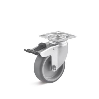Afbeeldingen van TORWEGGE Zwenkwiel thermoplastic rubber grijs met plaat en rem 100X25MM h=125MM 65kg 4x