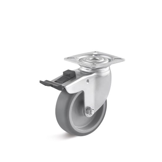 Afbeeldingen van TORWEGGE Zwenkwiel thermoplastic rubber grijs met plaat en rem 100X25MM h=125MM 65kg 4x